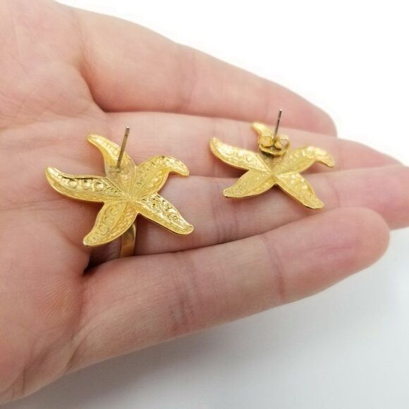 Vintage Starfish Gold Tone Post Earrings, Retro Beach Theme Studs, Estate - Picture 4 of 6